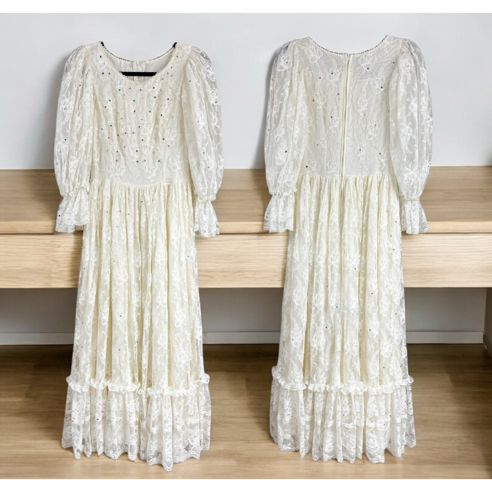 Vtg Susan Lanes Country Elegance Ivory Lace Event Dress 10 Sequin Accents 70's